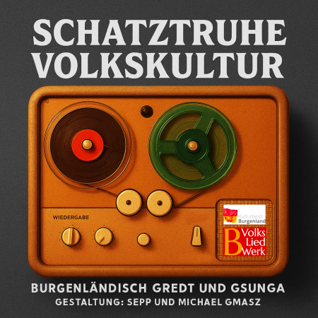 Dieses Logo des Podcasts Schatztruhe Volkskultur des Burgenländischen Volksliedwerks zeigt ein stilisiertes altes Tonbandaufnahmegerät.