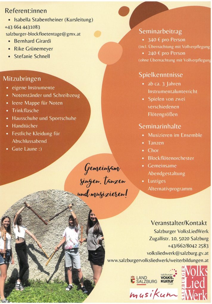 Dieses Foto kündigt die Salzburger Blockflötentage von 23.-27. August in Kleinarl an und gibt Details über die Veranstaltung wie Preise, Anmeldung und Programm bekannt.